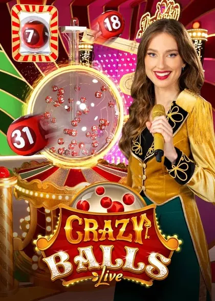 Crazy Balls host with the ball machine and the Crazy Balls Live logo